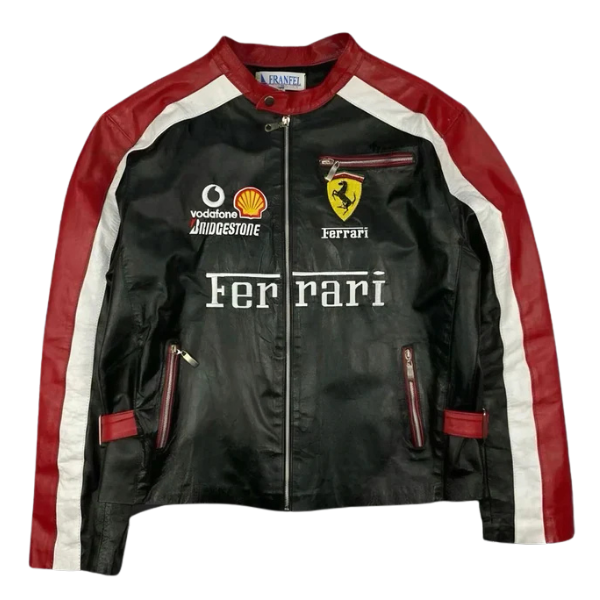Giacca in Pelle Racing Nera e Rossa – Stile F1 Vintage